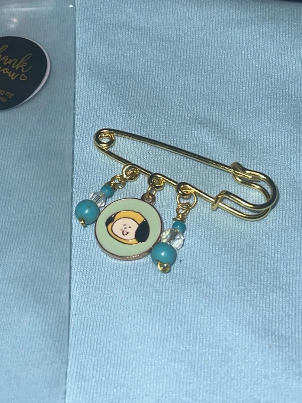 Gold Baby Face Safety Pin Brooch with Aqua Beads